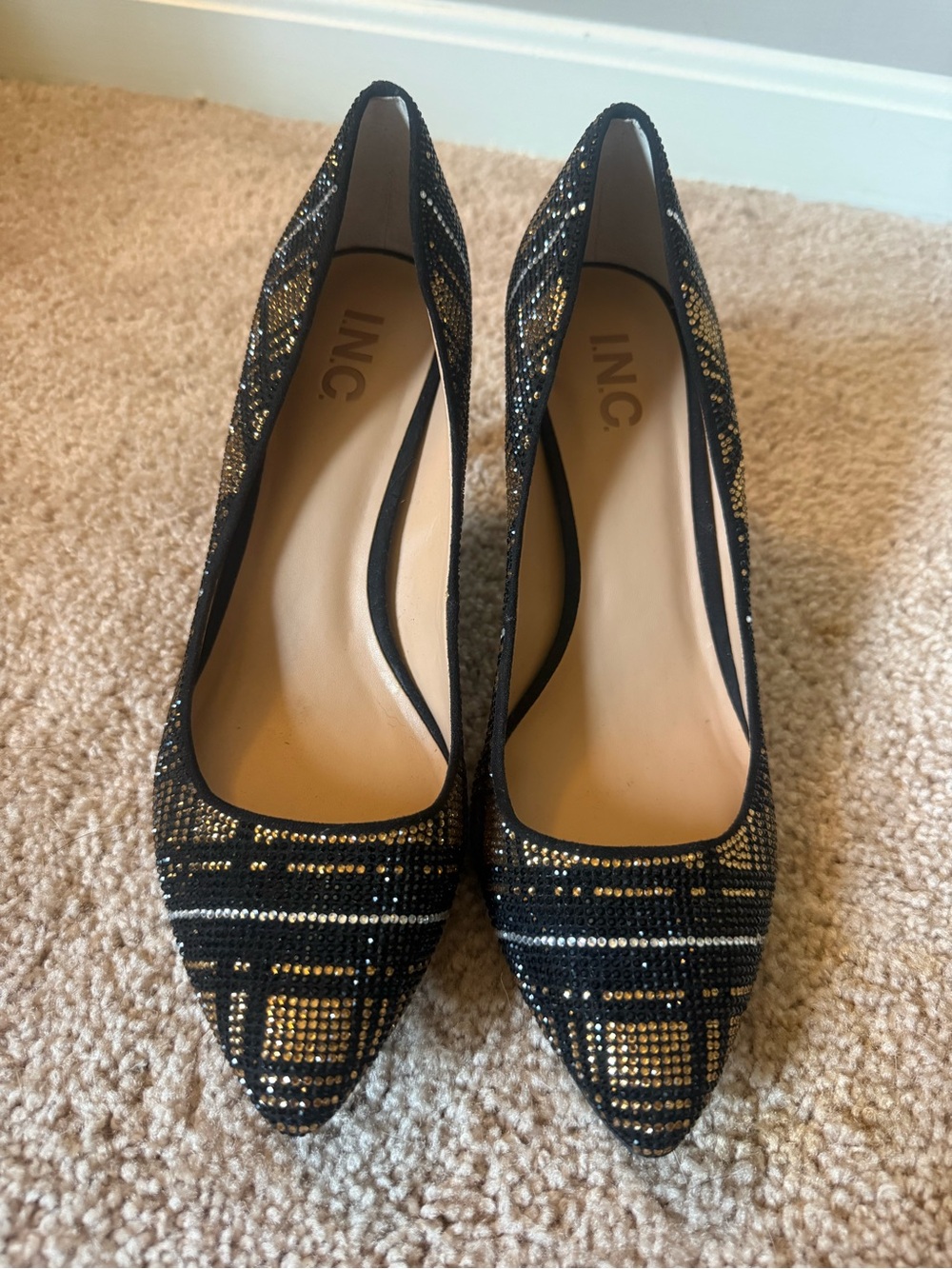 INC International Concepts Women’s 9 Black and Gold Rhinestone Pointed-Toe Heels